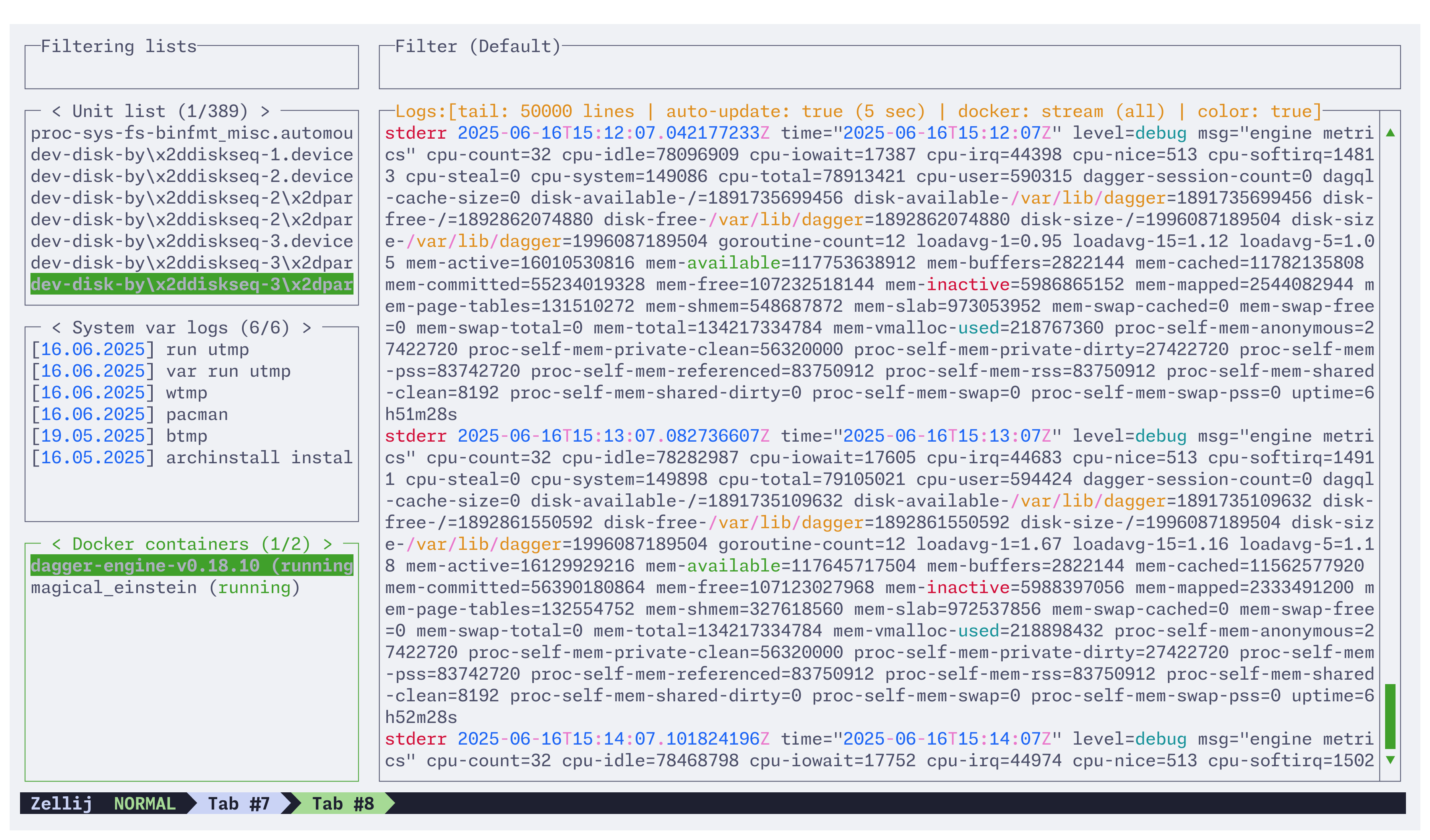 Lazyjournal interface showing log filtering and navigation